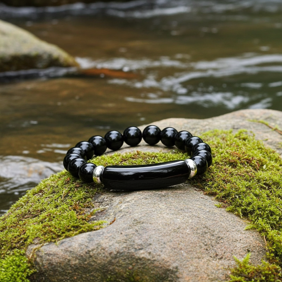 Beaded Bracelet with bridge - Onyx - 8mm - black onyx charm bracelet