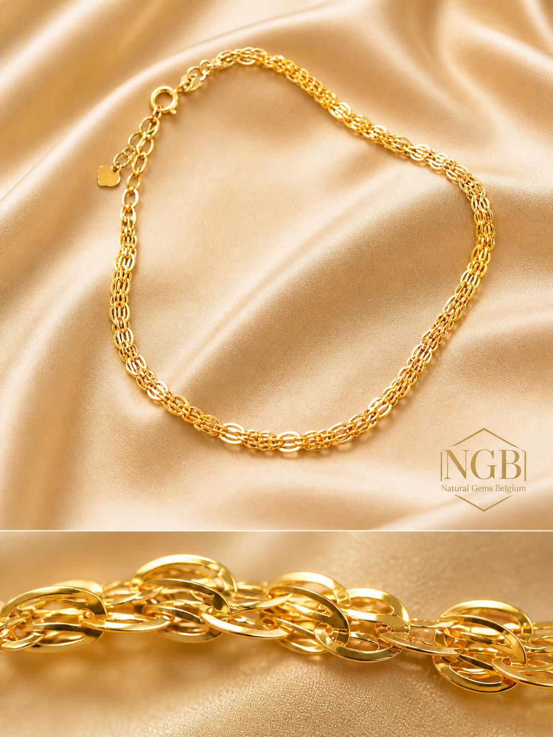 Gold bracelet on a satin background with NGB logo.