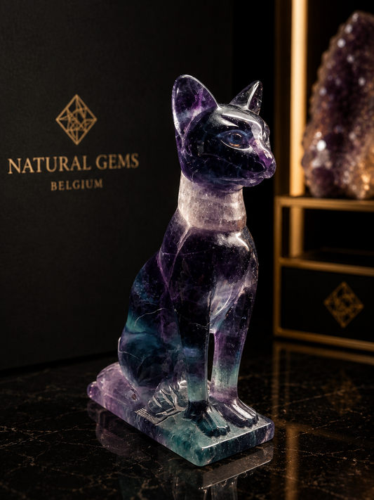 Premium Multicolor Fluorite Cat Sculpture on Fluorite Base – Green, Purple, Blue & White – 6.8 cm - Natural Gems Belgium