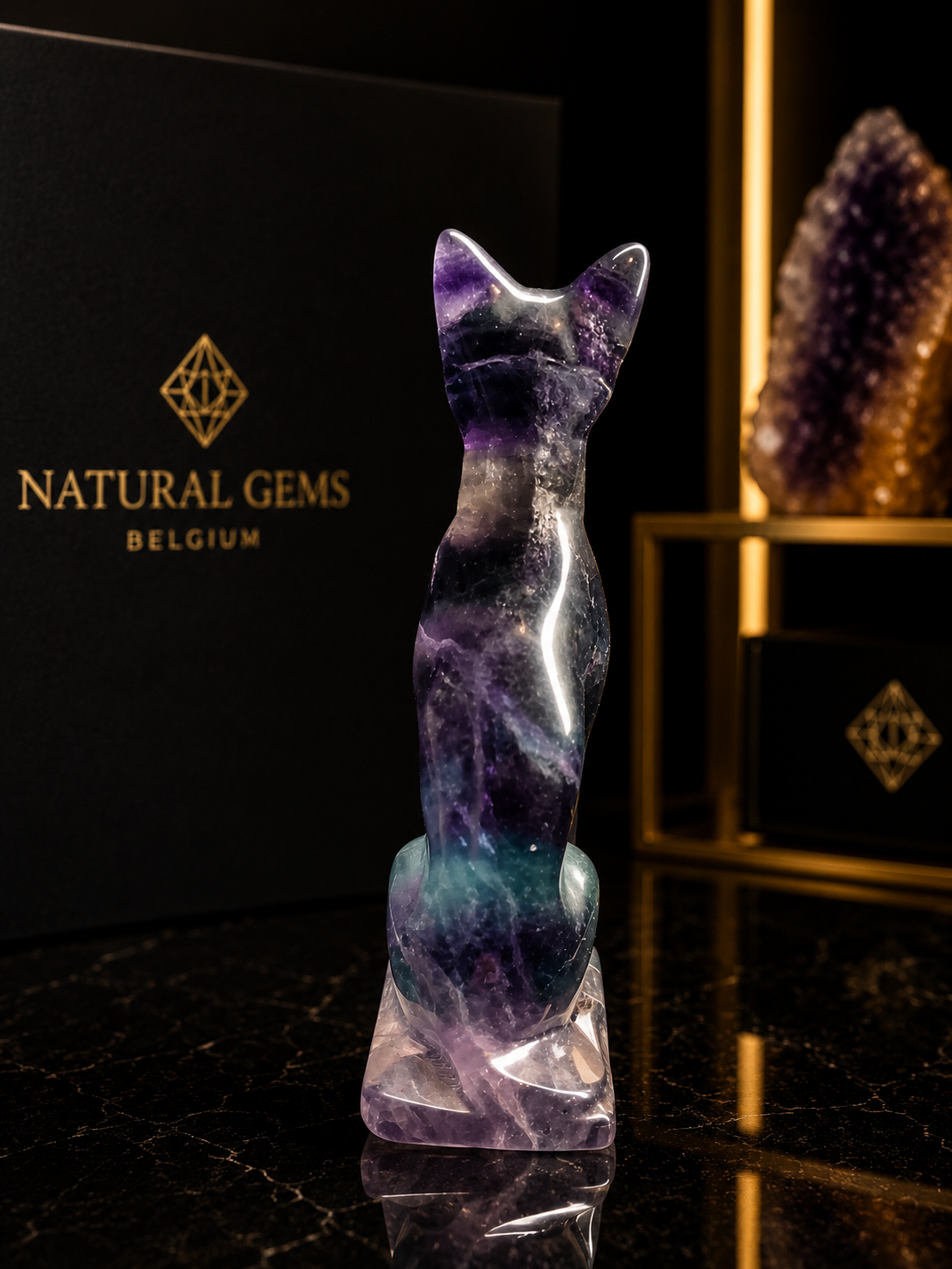 Premium Multicolor Fluorite Cat Sculpture on Fluorite Base – Green, Purple, Blue & White – 6.8 cm - Natural Gems Belgium