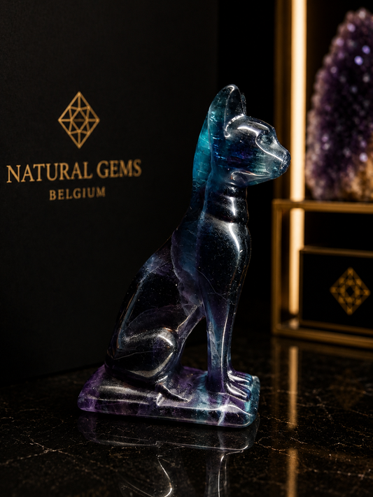 Premium Blue Green Fluorite Cat Sculpture on Fluorite Base – Hand Carved Natural Fluorite – 6.83 cm - Natural Gems Belgium