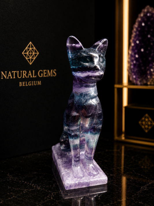 Premium Multicolor Fluorite Cat Sculpture on Fluorite Base – Blue Green Purple Fluorite – 6.86 cm - Natural Gems Belgium