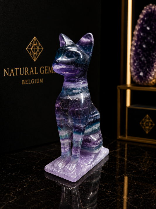 Premium Multicolor Fluorite Cat Sculpture on Fluorite Base – Blue Green Purple Fluorite – 6.86 cm - Natural Gems Belgium