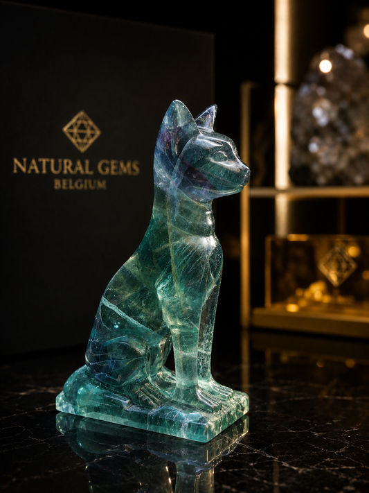 Premium Natural Green Fluorite Cat Sculpture on Fluorite Base – 7.1 cm - Natural Gems Belgium