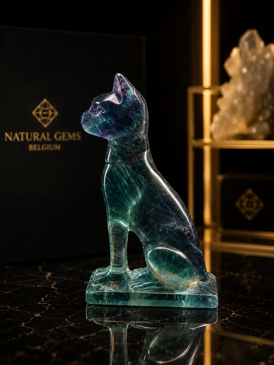 Premium Natural Green Fluorite Cat Sculpture on Fluorite Base – 7.1 cm - Natural Gems Belgium