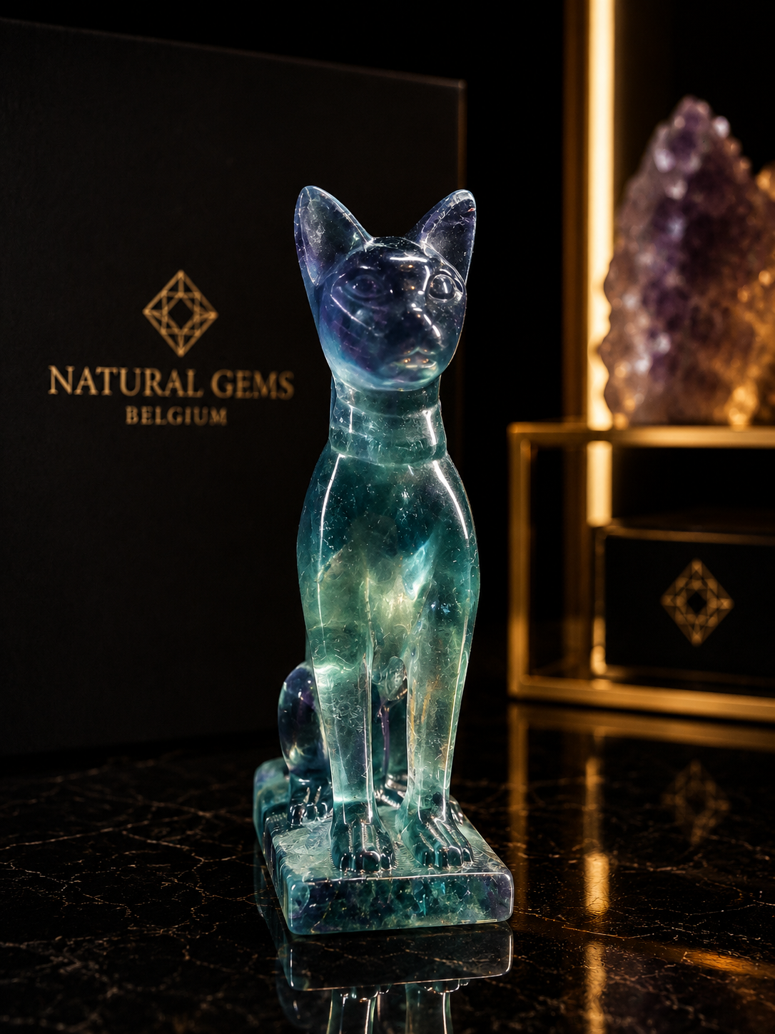 Premium Natural Green Fluorite Cat Sculpture on Fluorite Base – 7.1 cm - Natural Gems Belgium