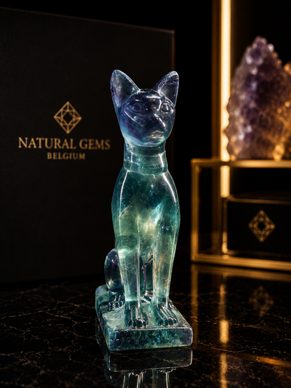 Premium Natural Green Fluorite Cat Sculpture on Fluorite Base – 7.1 cm - Natural Gems Belgium