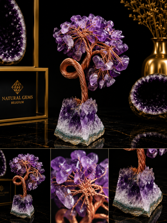 Natural Amethyst Crystal Tree on Amethyst Cluster Base – Handcrafted Gemstone Decor – 9.73 cm - Natural Gems Belgium