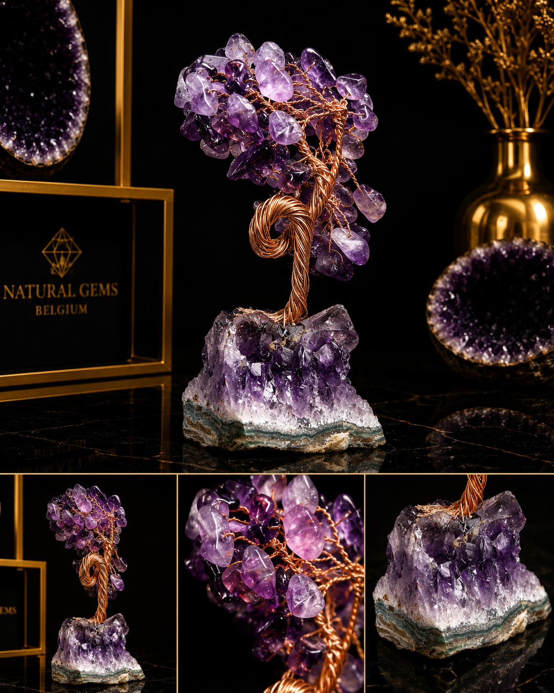 Natural Amethyst Crystal Tree on Amethyst Cluster Base – Handcrafted Gemstone Decor – 9.73 cm - Natural Gems Belgium