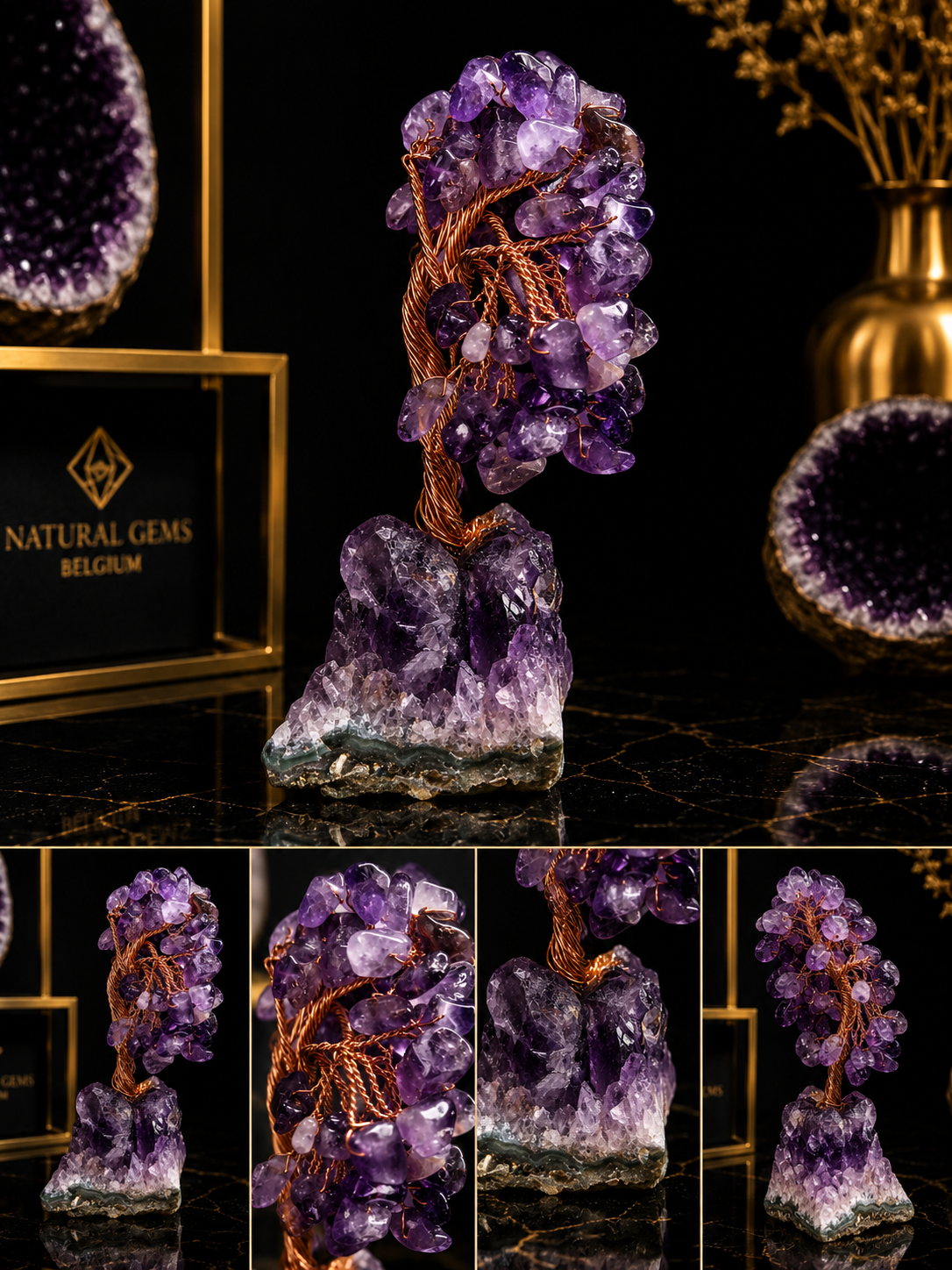 Natural Amethyst Crystal Tree on Amethyst Cluster Base – Handcrafted Gemstone Decor – 9.73 cm - Natural Gems Belgium