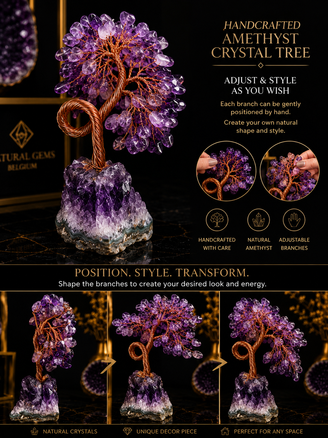 Natural Amethyst Crystal Tree on Amethyst Cluster Base – Handcrafted Gemstone Decor – 9.73 cm - Natural Gems Belgium