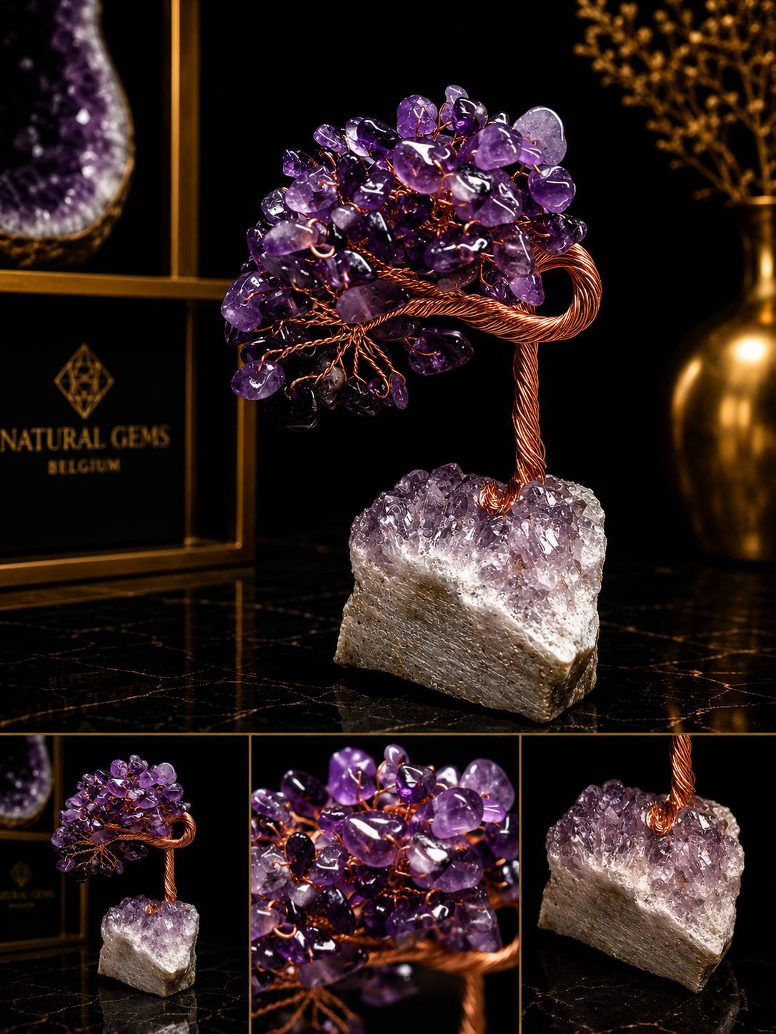 Natural Amethyst Crystal Tree on Amethyst Cluster Base – Handmade Copper Wire Decor – 8.1 cm - Natural Gems Belgium