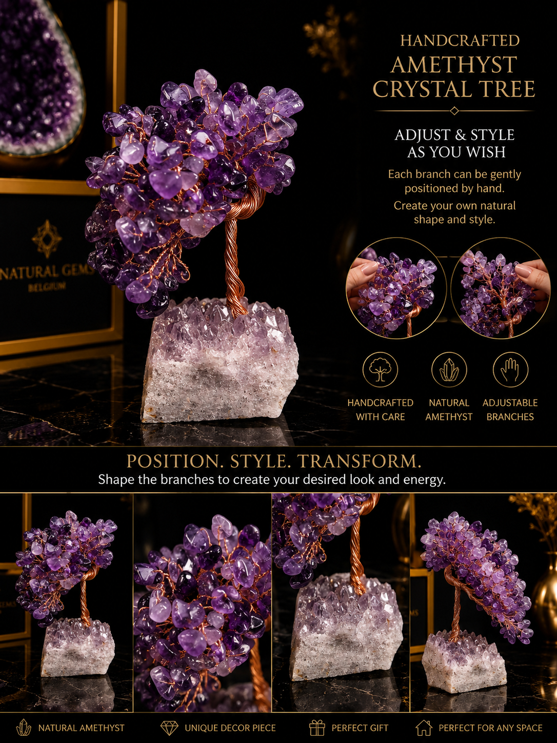 Natural Amethyst Crystal Tree on Amethyst Cluster Base – Handmade Copper Wire Decor – 8.1 cm - Natural Gems Belgium