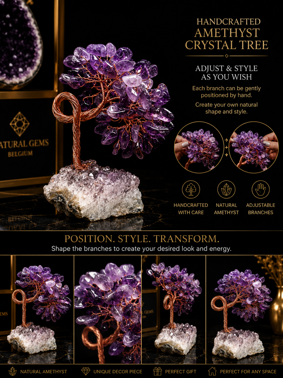 Natural Amethyst Crystal Tree on Amethyst Cluster Base – Handmade Copper Wire Decor – 8.1 cm - Natural Gems Belgium