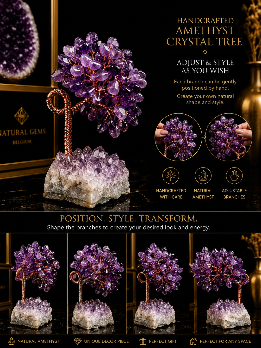 Natural Amethyst Crystal Tree on Amethyst Cluster Base – Handmade Copper Wire Decor – 8.1 cm - Natural Gems Belgium