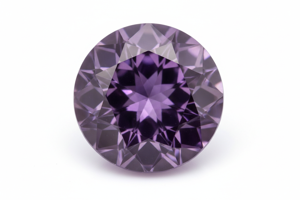 Faceted amethyst gemstone round brilliant white background