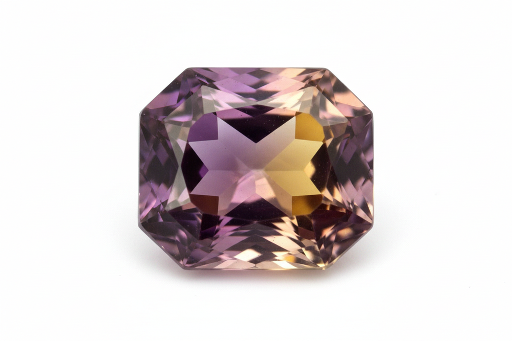Faceted ametrine octagon shape white background