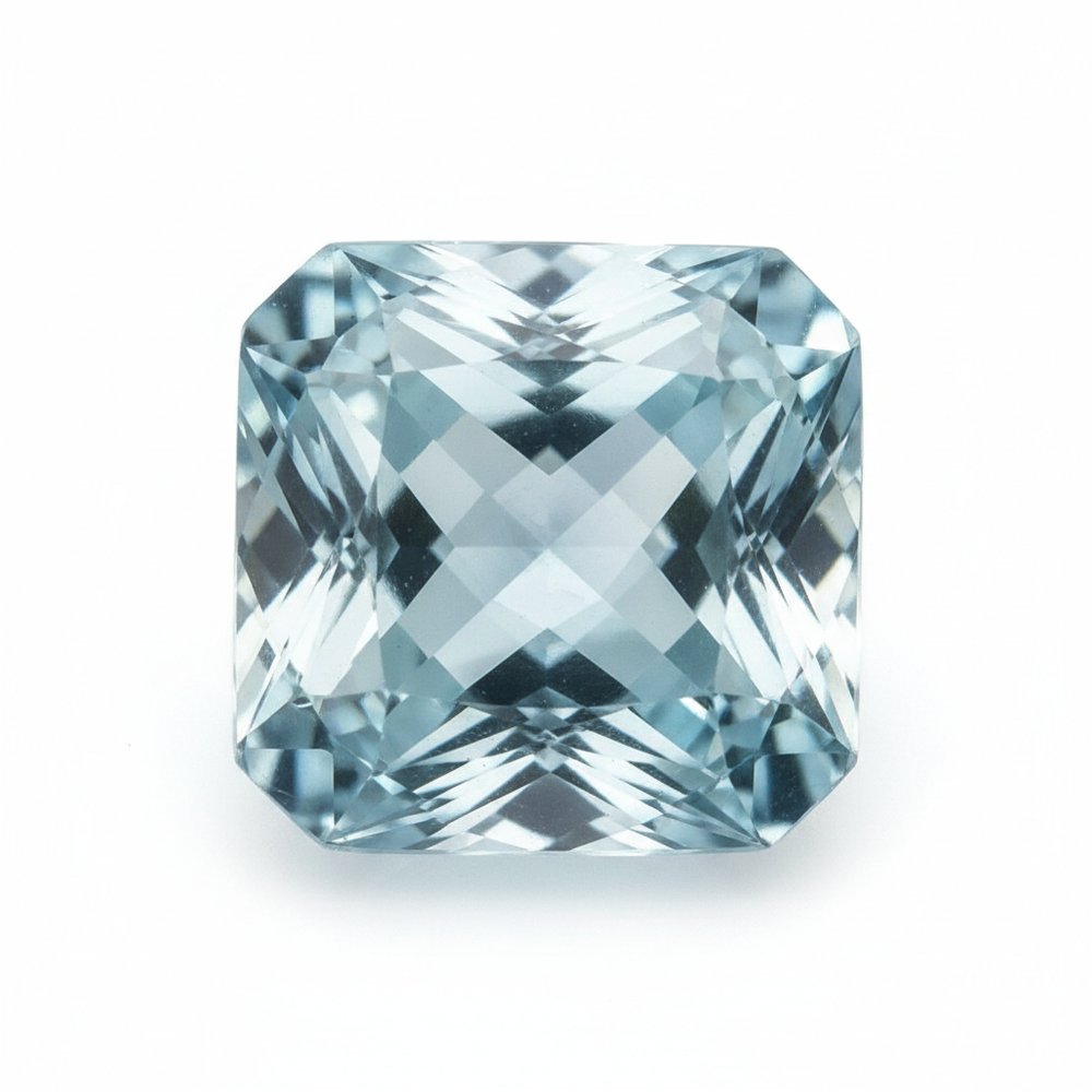 faceted Aquamarine gemstone square cut white backround