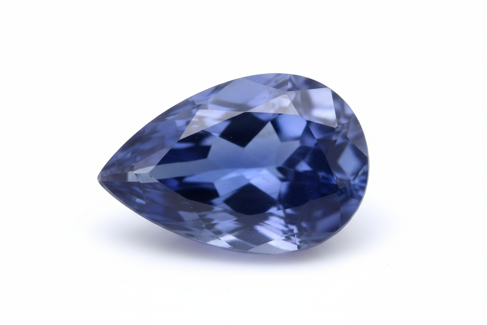 faceted blue spinel pear shaped white background