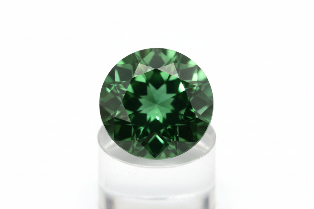 Faceted Diopside gemstone round brillant cut white background