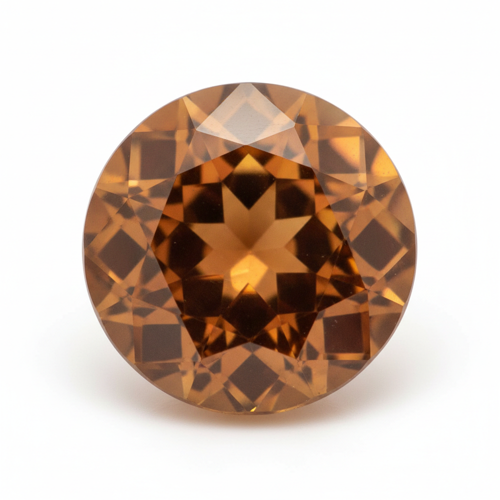 Faceted hessonite Garnet round brilliant cut white background