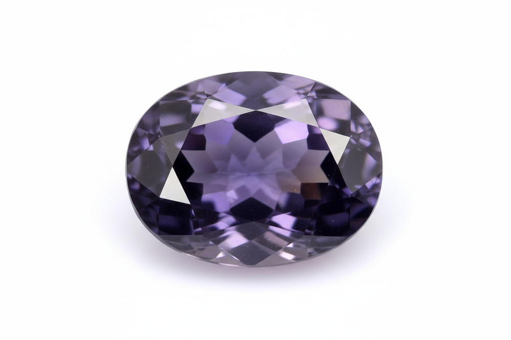 Faceted Iolite gemstone oval cut white background