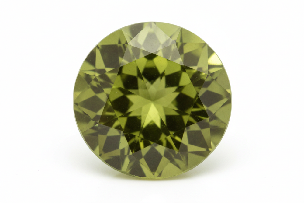 faceted peridot roudn brilliant cut white background