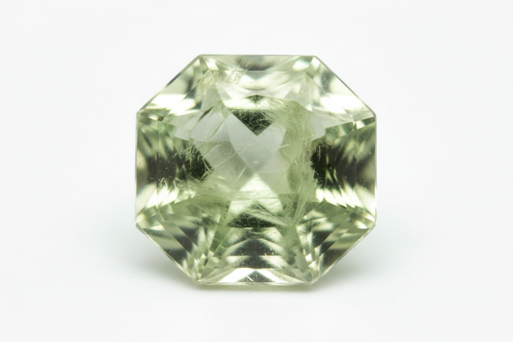 faceted prehnite octagon cut white background