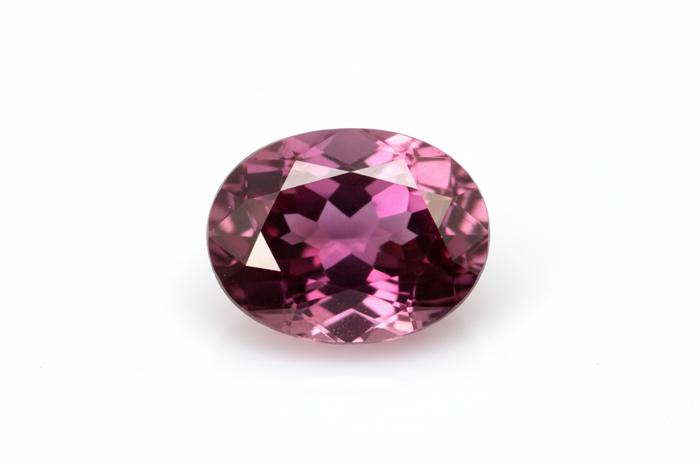 Faceted rhodolite garnet oval cut white background