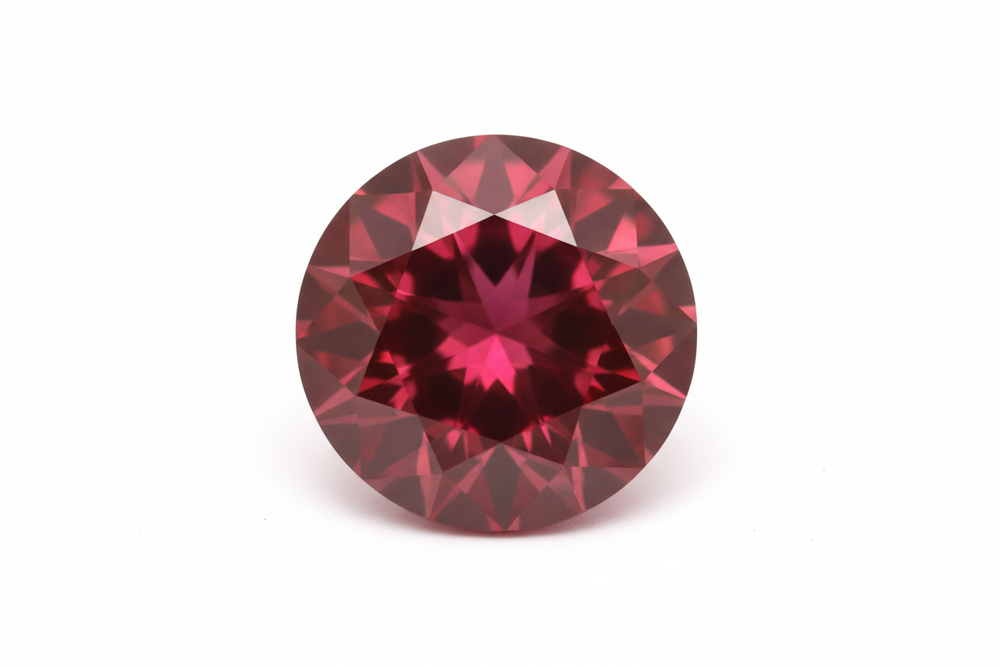 faceted ruby round cut white background
