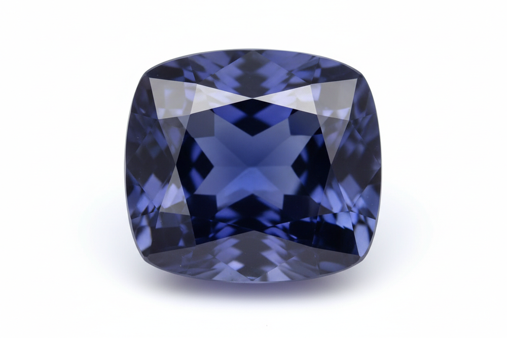 faceted sapphire cushion cut white background