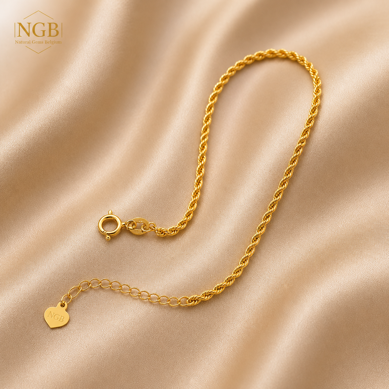 18K Gold Rope Chain Bracelet – Adjustable 15–18 cm | Luxury Yellow Gold Bracelet for Women | NGB Jewelry - Natural Gems Belgium