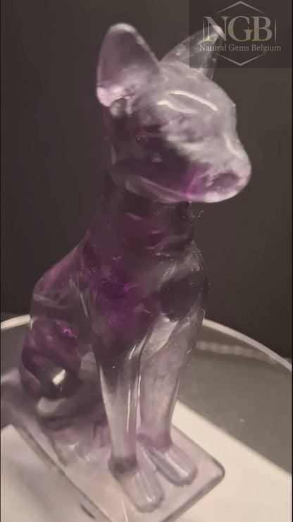 Hand Carved Fluorite Cat – 6.8 cm – Natural Fluorite Crystal Cat Sculpture – Collector's Decor