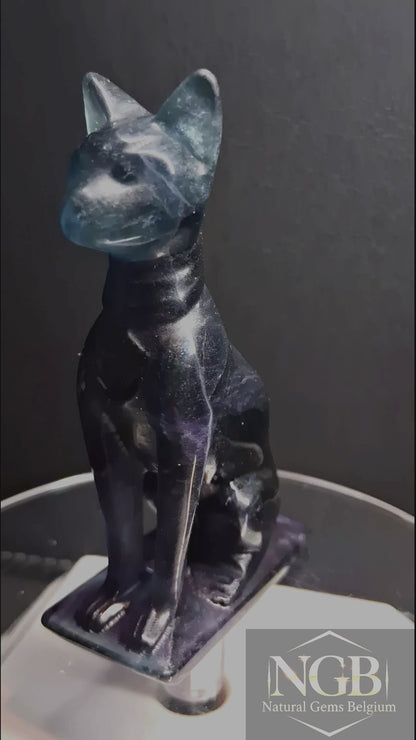 Sculpture de chat en fluorite bleu-vert de qualité supérieure sur une base en fluorite – Fluorite naturelle sculptée à la main – 6,83 cm