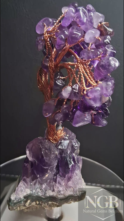 Arbre en cristal d'améthyste naturel sur socle d'amas d'améthyste – Décoration artisanale en pierres précieuses – 9,73 cm