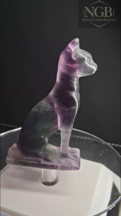 Hand Carved Rainbow Fluorite Cat – 6.9 cm | Natural Fluorite Crystal Carving | One of a Kind