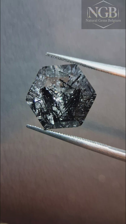 Natural Black Rutilated Quartz Hexagon Faceted Gemstone – 3.655 ct – 9.8 mm