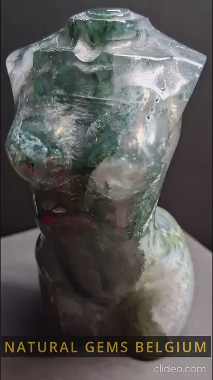 Agate naturelle - Torse sculpté à la main - 8 cm de hauteur - Torse de femme en agate mousse grise et verte