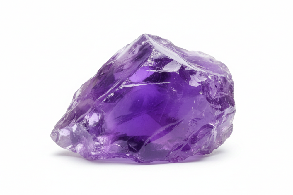 raw uncut amethyst for faceting on white background