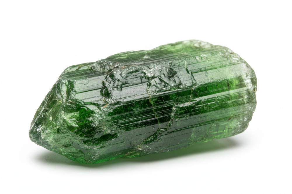 rough green tourmaline uncut on white background