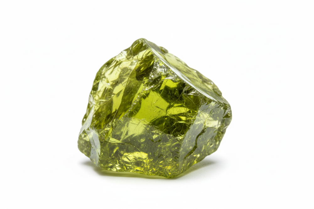 Rough peridot of very high quality on white background