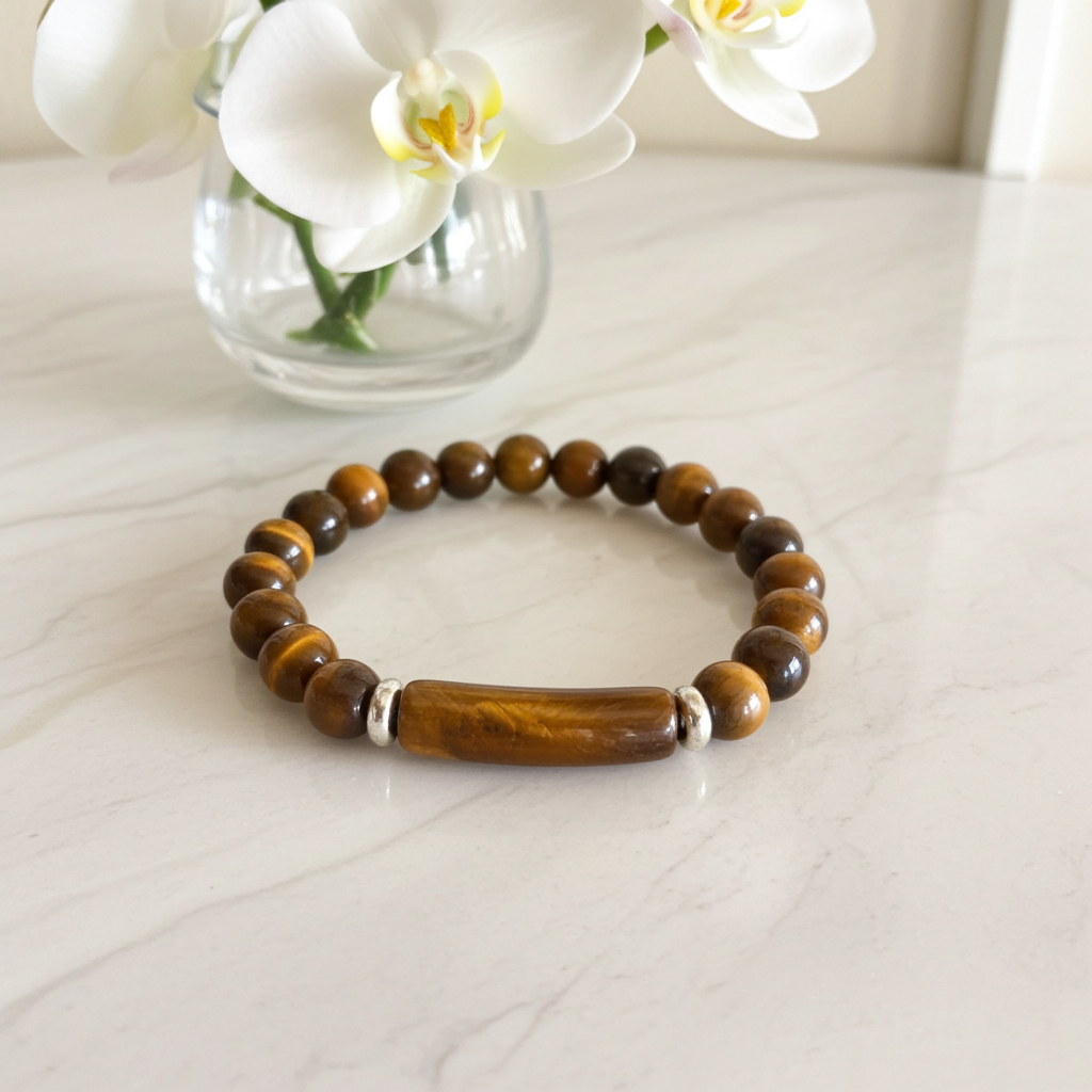 Beaded Bracelet with bridge - Tiger Eye - 8mm - Yellow brown charm bracelet - Natural Gems Belgium